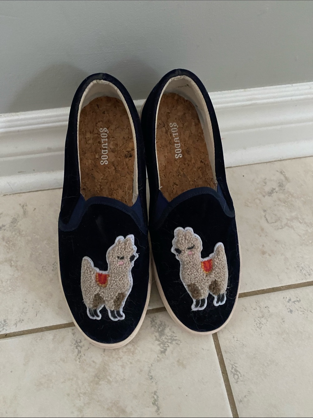 Soludos Navy Velvet Llama Slip-Ons with Embroidered Appliqués